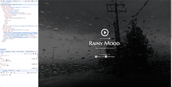 Screenshot of rainymood.com with the Web Inspector open on the left, before any edits have been made.